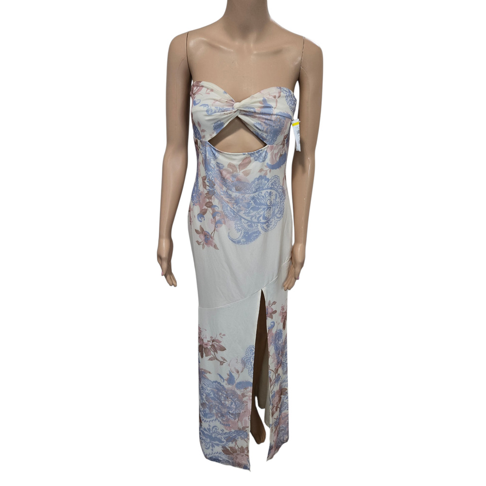 Princess Poly size 8 beige floral keyhole dress strapless long slit